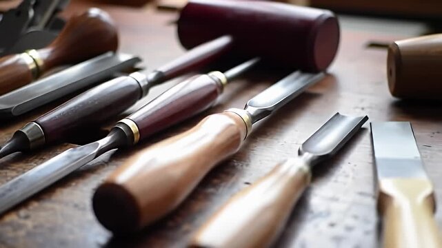 An array of chisels with wooden handles, and a wooden mallet on a wood surface