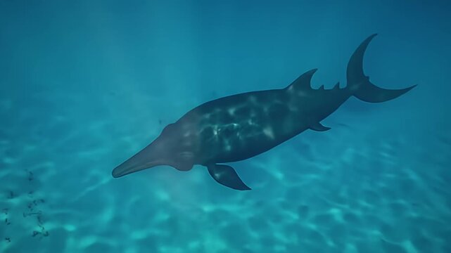 Ichthyosaur swims in clear blue ocean water, sunlight filtering