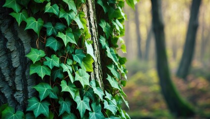 Close-up of ivy growing on tree trunk in forest with sunlight filtering through the trees. Nature and plant life, greenery, outdoor scene. Forest environment and foliage.