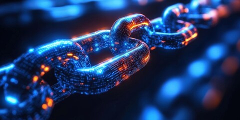 A glowing digital chain link symbolizes blockchain technology and secure data connections in a futuristic blue and orange color scheme.