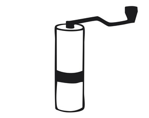 Manual coffee grinder with side crank handle. Black and white vector illustration isolated on white background. Coffee preparation and brewing concept for design and print