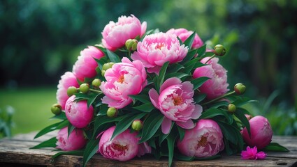 Bouquet of pink peonies with green leaves on a wooden surface, outdoors in a garden setting. Floral arrangement for decoration or gifting.