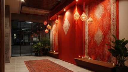 Stylish office entrance featuring a stunning Diwalithemed backdrop with intricate Diya lamps and rich textiles providing the perfect setting for team members to celebrate together through