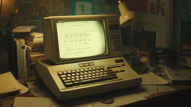 Vintage computer setup with retro monitor, keyboard, papers, and desk lamp in dimly lit room creating nostalgic atmosphere 4k video footage
