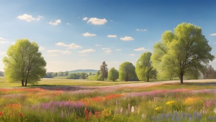 Obraz premium Vibrant Meadow Landscape Under a Sunny Sky, Lush Colors and Gentle Light