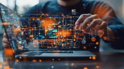 A person works on a laptop displaying a network-like data overlay of blue and orange lines, suggesting digital connectivity - Powered by Adobe