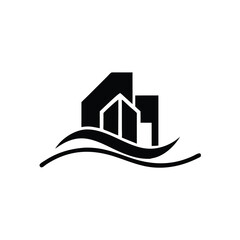Simplified house icon over waves suggests shoreline real estate and design on a transparent background