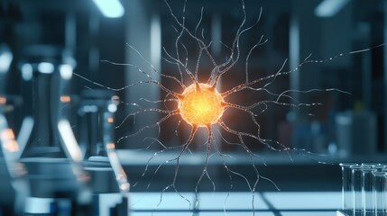 Innovation lab creativity strategy concept. Digital representation of a neuron in a laboratory setting.