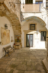 The facade of an old house in Acaya, a medieval town in the province of Lecce, Italy.
