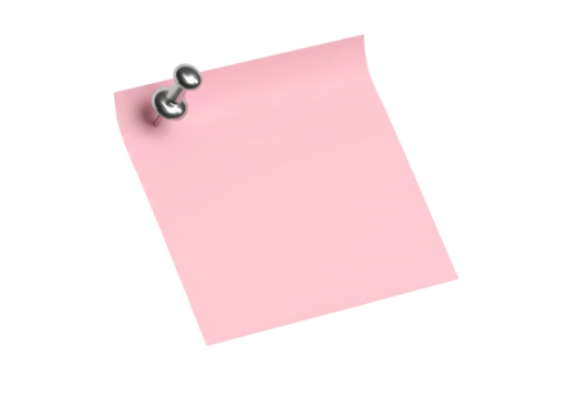 Blank pink sticky note with a silver thumbtack for reminders. Isolated on transparent background, png