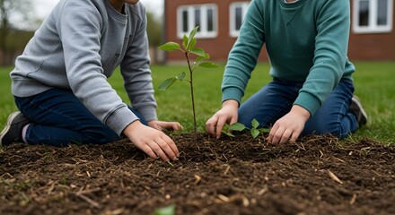Two children planting a sapling in a garden, ai generated