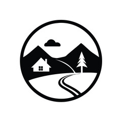 A quaint house, mountains, a lone tree, and winding road nestle inside the circle