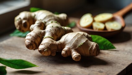 Fresh ginger root on a wooden surface with sliced ginger in a bowl and green leaves.