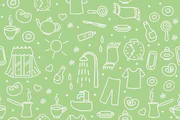 Morning themes in the doodle style. White contour on a green background. Seamless pattern under clipping mask, convenient for editing. Theme of washing, tea, breakfast. Morning mood.