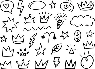 Abstract arrows ribbons crowns hearts explosions and other elements in hand drawn style for concept design doodle illustration vector template for decoration
