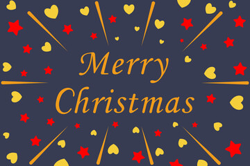 Christmas purple background with inscription Merry christmas, stars and hearts. Bright colors, flying elements, flat style. For card, cover, banner.