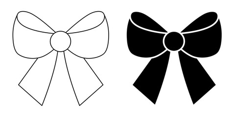 Bows isolated on a white background. Outline drawing and silhouette. Black silhouette with white outline. Vector illustration, linear icon, template for decor.