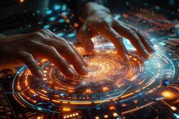 Hands interact with a futuristic, circular holographic interface, manipulating glowing data streams. This represents big data, artificial intelligence, and advanced user interface design