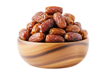 Dried dates fruit in a wooden bowl, a healthy sweet snack. Isolated on transparent background, png