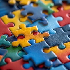 Fototapeta premium A vibrant close-up of colorful jigsaw puzzle pieces—red, blue, and yellow—interlocking. The image represents connection, problem-solving, and the complexity of teamwork or autism awareness
