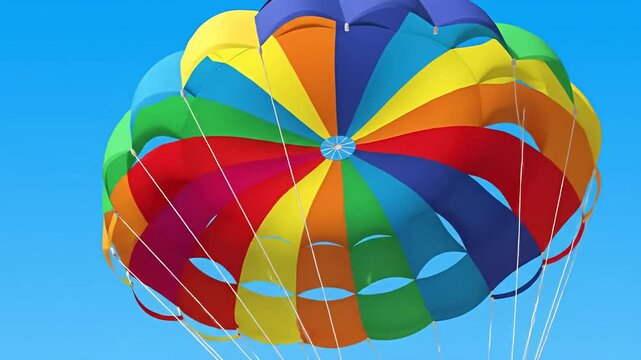 Colorful, spiraling parachute against a bright blue sky; vivid and whimsical