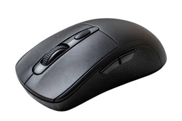 Modern black wireless computer mouse with scroll wheel and side buttons, isolated on a transparent background