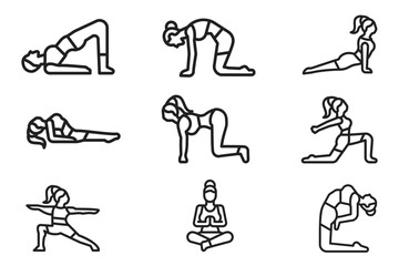 Yoga Poses & Fitness Exercises: Line Art Icons for Wellness
