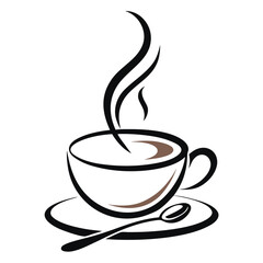 Stylized Cup of Coffee with Steam, Saucer, and Spoon Illustration on White Background