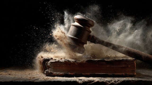 Intense slowmotion capture of a gavel slamming onto a cracked old law book sending an impressive cloud of dust into the air. This dynamic image evokes themes of conflict resolution