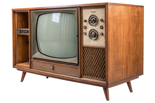Classic wooden television console with side compartment, multiple controls, and diamond-pattern speaker cover, isolated on a transparent background