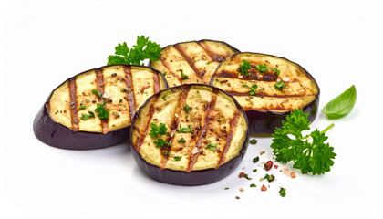 Grilled eggplant slices with herbs and spices on a clean white background