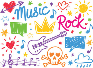 Naklejka premium Music sketch heart star vector set chalk crayon marker stroke music sketch color elements. Vector illustration Colorful Doodle Elements Set Hand Drawn Icons Including Guitar, 