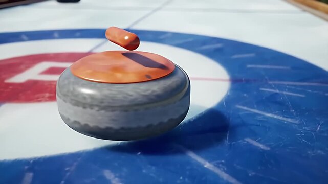A curling stone rests on a marked ice rink, handle facing to the right of the frame