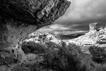 The rugged and weathered landscape surrounding the Stadsaal Caves in the Cederberg Mountains of...
