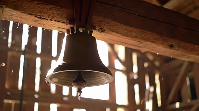 Brass bell hangs inside a weathered wooden structure; light streams through the openings