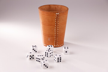 A random arrangement of dice and a puzzle cup, captured after the dice have been cast.