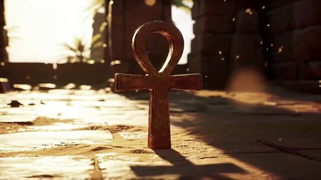 Ankh resting on stone floor, with ruins in background, bathed in warm sunlight