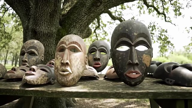 Assorted wooden masks arranged on an aged table against a leafy tree backdrop
