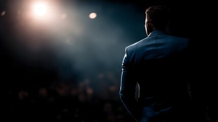 Motivational speaker on stage inspiring audience