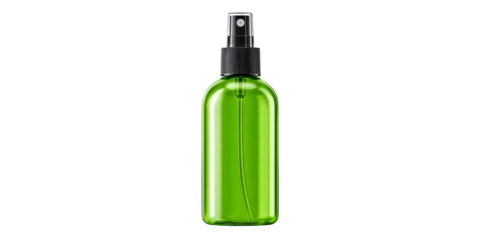 Green transparent spray bottle with black nozzle on black background Concept of cosmetic, hygiene, and cleaning product