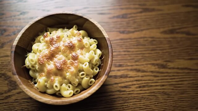 Mac and cheese with browned cheese on top, served in a wooden bowl on oak table