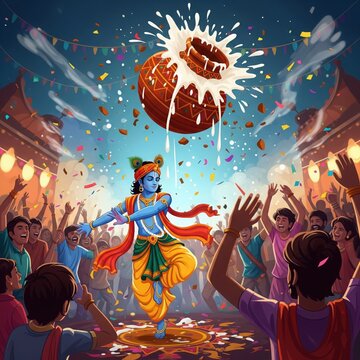 rishna in Dahi Hadi Festival Celeration &ndash; Graphic Illustration with Festive Crowd & Confetti