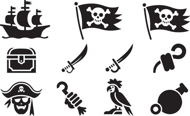 Obraz premium Pirate Adventure Icons Set Black Silhouette on Transparent Background Buccaneer Treasure Hunt