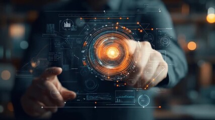 A person's hands manipulate a glowing digital interface, a network of data visualizations, and a central, circular core - Powered by Adobe