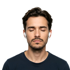 Obraz premium Isolated Photo Man With White Earbuds Listening To Music