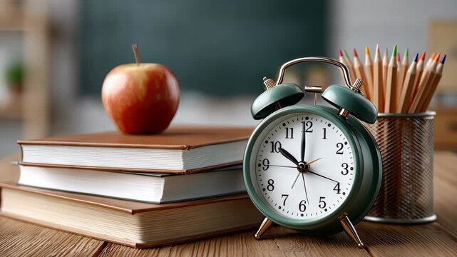 Fresh apples and books alongside a classic alarm clock in a cozy study area ready for a productive study session