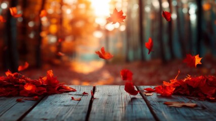 Falling autumn maple leaves over rustic wooden surface with blurred forest background, warm golden hour lighting, loopable seasonal background for fall and Thanksgiving use - Powered by Adobe
