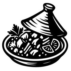 A black and white drawing of a bowl of tagine with a lid on top