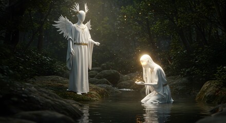 Divine encounter in a mystical forest as an angelic figure bestows a glowing gift upon a kneeling spirit.
