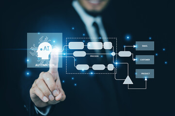 Businessman adopts AI automation to enhance productivity, reduce operational costs, and drive...